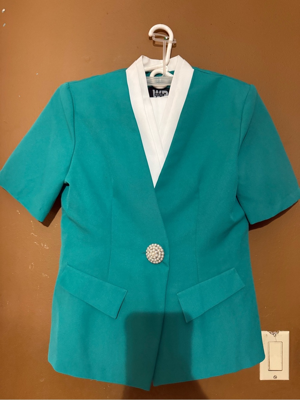 Teal Short-Sleeve Blazer with Pearl Button with white pants
